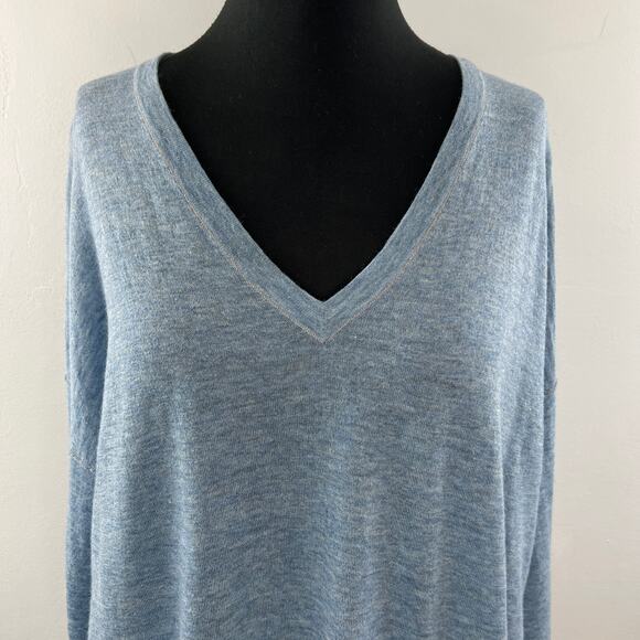 EILEEN FISHER Blue Top Merino Wool Alpaca Ribbed V-Neck Dropped Shoulder S M L? - Picture 3 of 8